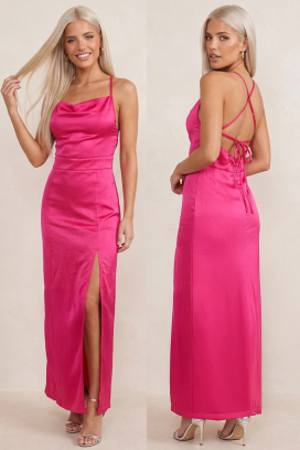 rochie midi din satin, cu spatele gol și finisaj subtil strălucitor ISALINE FUCHSIA