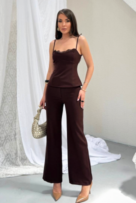 Set elegant pentru femei cu spate accentuat și detalii din dantelă MOREZIA BROWN