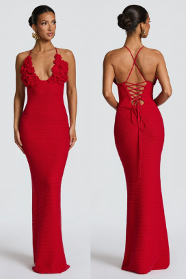 rochie maxi tricotată cu decorațiuni florale și spate tip corset MILESITA RED
