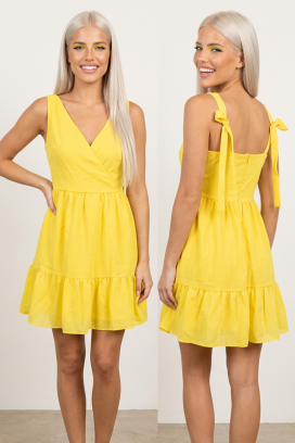rochie scurtă cu decolteu petrecut, legături pe umeri și volan AMELINZA YELLOW