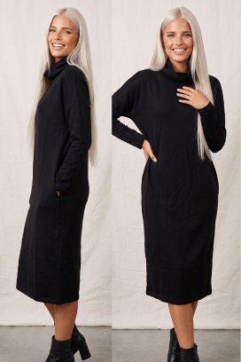 rochie midi simplă cu croială dreaptă lejeră și guler înalt CORSAVENA BLACK