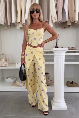 Set de damă spectaculos cu top corset și pantaloni largi petrecuti LENARIA YELLOW