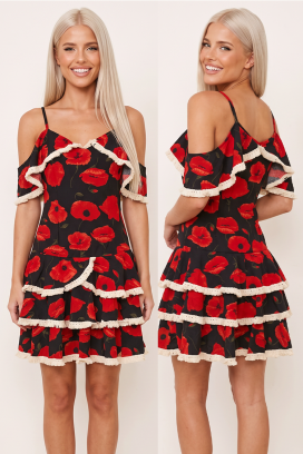 rochie scurtă florală cu volane în cascadă și tiv decorativ TERENISA RED