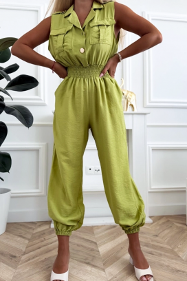 salopetă lungă pentru femei cu talie elastică, guler și buzunare decorative MIRANELIA GREEN