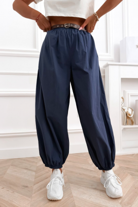 pantaloni lejeri din bumbac pentru femei cu manșete elastice CHEROSIA NAVY