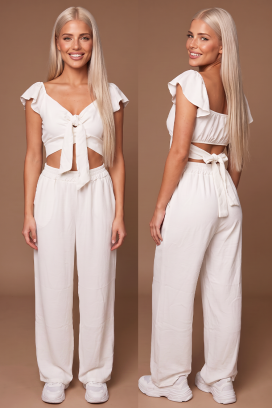 set de damă de vară din două piese pantaloni largi și crop top cu legături SVENSELA WHITE