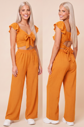 set de damă de vară din două piese pantaloni largi și crop top cu legături SVENSELA ORANGE