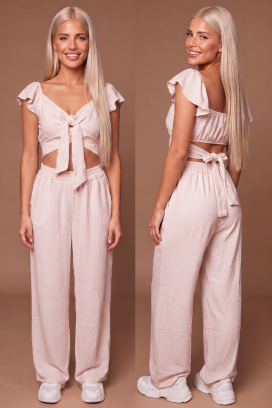 set de damă de vară din două piese pantaloni largi și crop top cu legături SVENSELA PUDRA