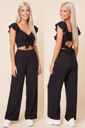 set de damă de vară din două piese pantaloni largi și crop top cu legături SVENSELA BLACK
