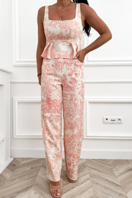 set pentru femei cu top peplum și pantaloni cu crac larg cu imprimeu floral ELOSIANA PINK