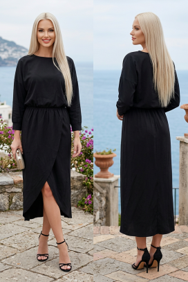 rochie midi cu efect petrecut și talie elastică cu tiv asimetric DARLINIA BLACK