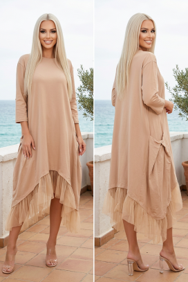 rochie asimetrică lejeră cu volan din tul și buzunare VELARIZA BEIGE
