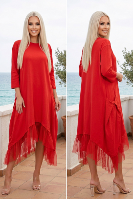 rochie asimetrică lejeră cu volan din tul și buzunare VELARIZA RED