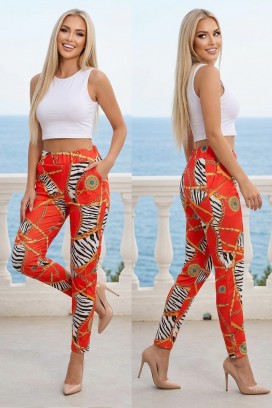 pantaloni damă eleganți cu talie înaltă și imprimeu artistic spectaculos TAVORENA RED