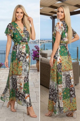 rochie lungă impresionantă cu imprimeu patchwork floral bogat și mâneci scurte romantice FIORISCA GREEN