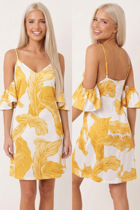 rochie scurtă fermecătoare cu umeri goi și imprimeu tropical exotic FLORAVESA YELLOW