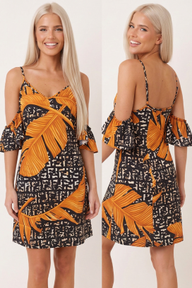 rochie scurtă fermecătoare cu umeri goi și imprimeu tropical exotic SORELINTA