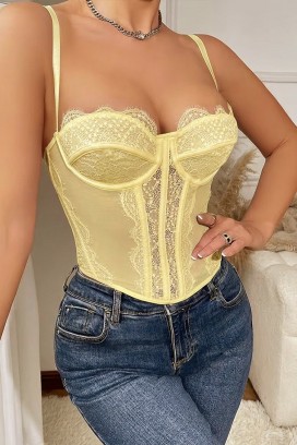 top de tip corset pentru femei, cu dantelă fină și bretele subțiri KROELIA YELLOW