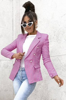 sacou damă elegant, cambrat, cu închidere dublu rând, model în carouri fine și revere clasice BELAVENZA PINK