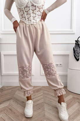pantaloni boho romantici pentru femei cu accente delicate din dantelă și siluetă confortabilă VESPERIA BEIGE