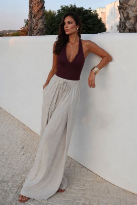 pantaloni damă largi cu talie înaltă și legături TAMERIANA GREY