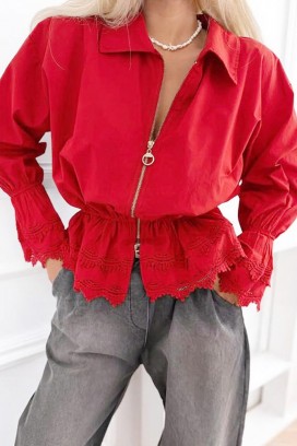 jachetă elegantă de damă din bumbac cu dantelă și talie elastică LORETINA RED