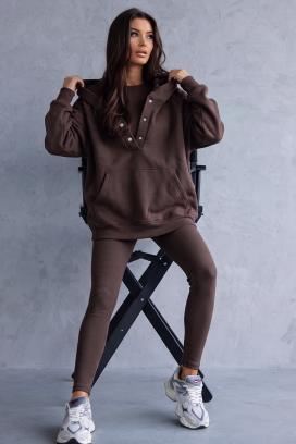 set sport pentru femei cu hanorac și colanți rib BRANDILA BROWN