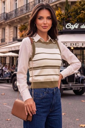 top tricotat de damă în dungi cu bandă lată PANESIA BROWN
