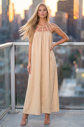 rochie lungă vaporoasă cu decolteu spectaculos din bretele împletite CHIRONA BEIGE