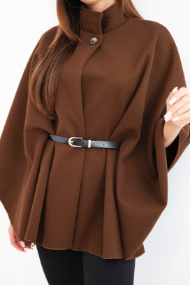 poncho elegant de damă cu guler înalt și curea AVESINA BROWN