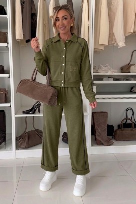 complet sport-elegant de damă cu jachetă scurtă și pantaloni jogger LAMONIA KHAKI