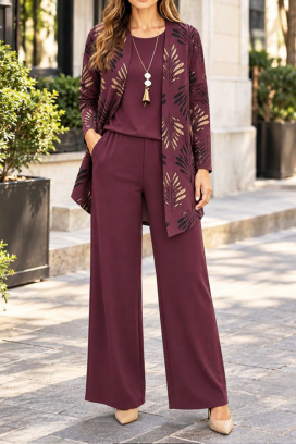 Set damă din 3 piese cu bluză fără mâneci, pantaloni și kimono floral ATENISA BORDO