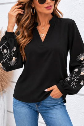 bluză damă cu decolteu în V și broderie florală pe mâneci KONTISA BLACK