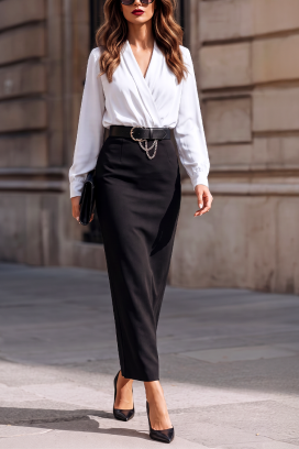 rochie elegantă din două piese cu decolteu în V și fustă tip creion TORMELSA WHITE