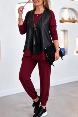 set de damă din trei piese cu bluză, vestă și pantaloni MALASINA BORDO