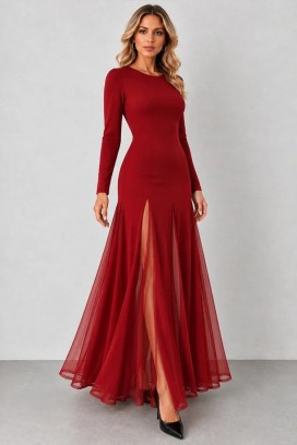 rochie lungă elegantă cu despicături înalte și fustă vaporoasă transparentă VELIZARA RED
