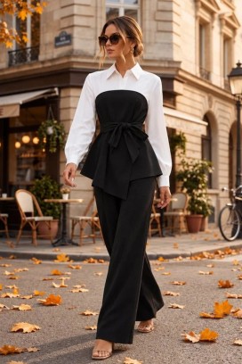 costum damă din două piese cu tunică-cămașă asimetrică cu curea și pantaloni cu crac larg KOLFINA BLACK