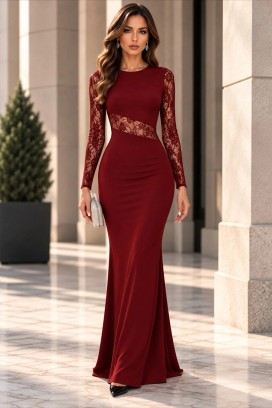 rochie lungă elegantă cu mâneci din dantelă LOTESA RED